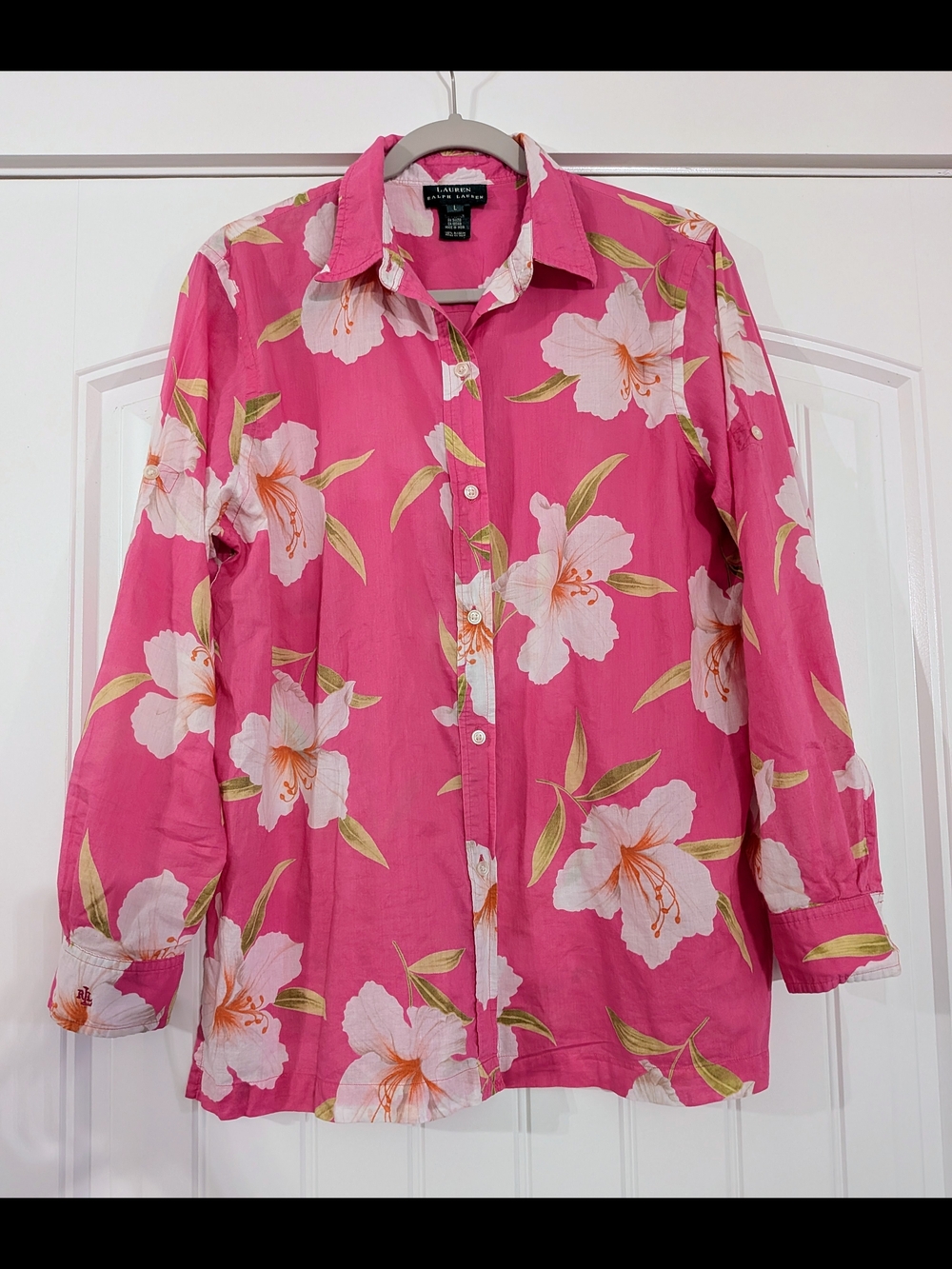 Lauren Ralph Lauren Cotton Hibiscus Floral Roll Tab Sleeve Button-Up Shirt